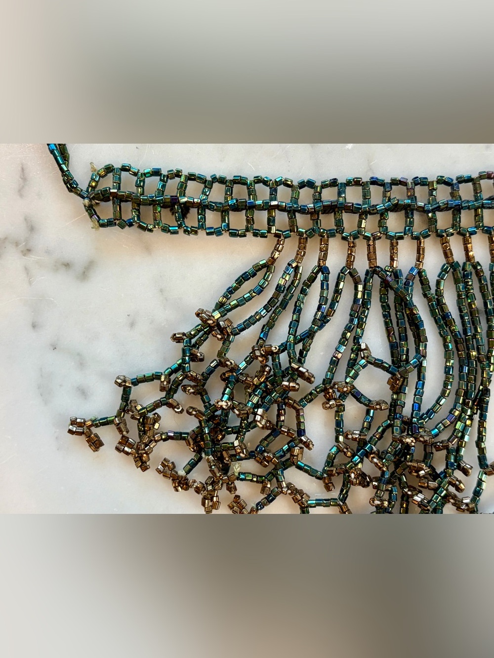 Handcrafted Iridescent Beaded Fringe Collar Necklace, green/gold, EUC - Picture 9 of 12